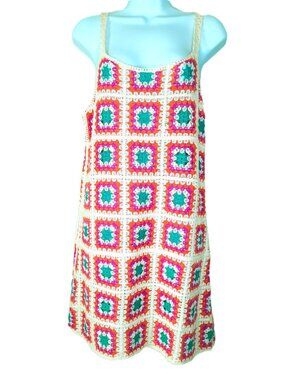 Boho Granny Square Crochet Mini Dress Open Weave M/L Artsy Colorful